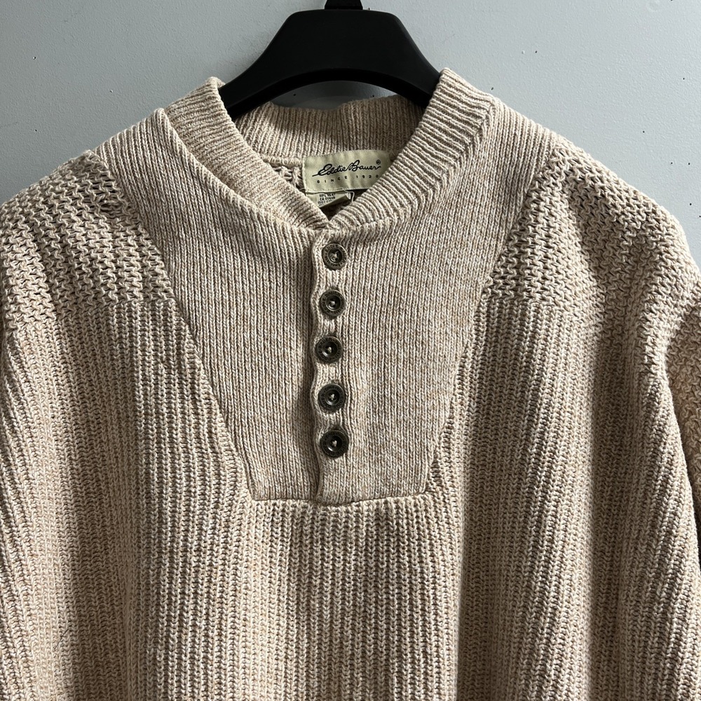 Vintage Eddie Bauer Sweater Beige 1/4 Button Pullover Fisherman Heritage Preppy - Picture 2 of 12